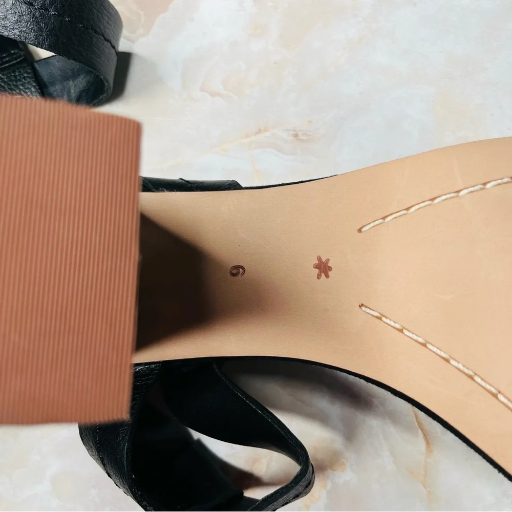 SPLENDID BLACK LEATHER STRAPPY SANDAL, Velcro Ankle Strap, Wood Block Heel